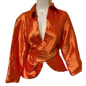 Mishca‎ Orange Shimmery 3/4 Sleeve Tie Back Blouse Size Small Chic Glam